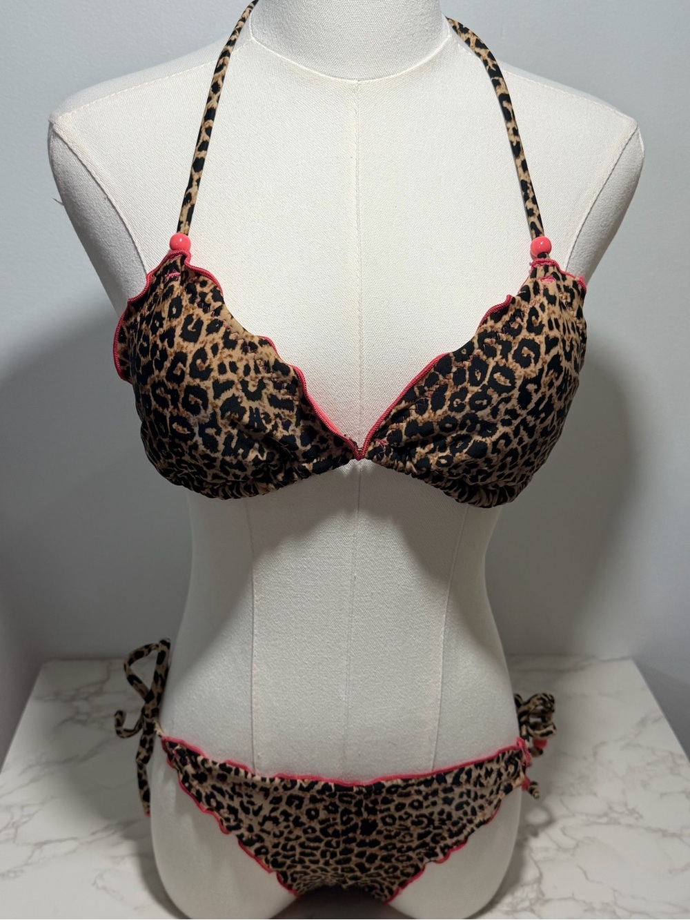 Vintage Y2K Xhilaration Leopard Print Bikini with Pink Ruffle Beaded‎ Trim -- S - Picture 4 of 15